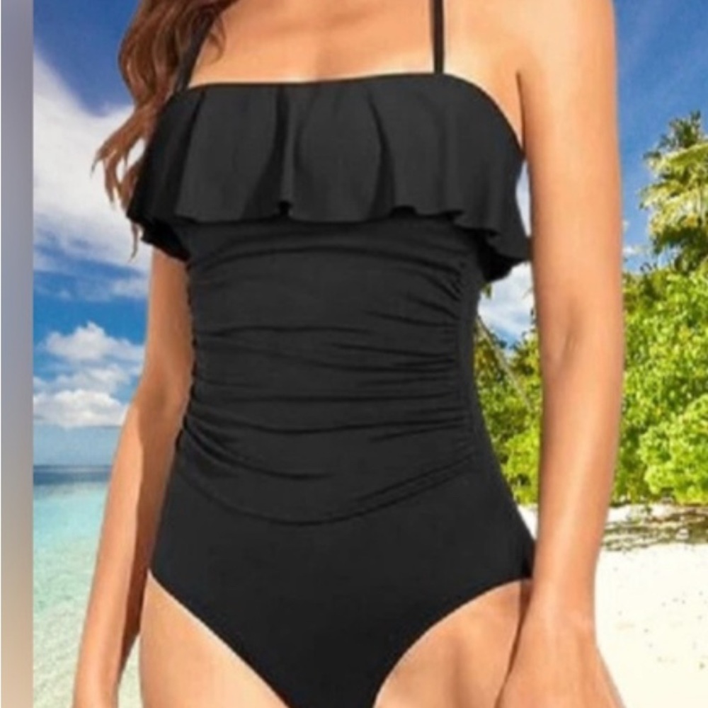 Holipick Stylish Black Ruffle One-Piece Swimsuit